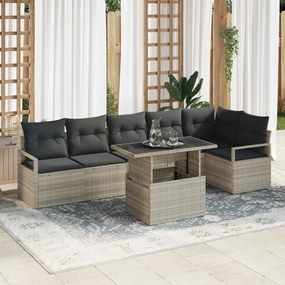 Conjunto de Sofás de Jardim de 7 Peças com Almofadas Cinza Claro de Vime Poliéster