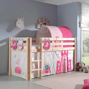 Conjunto Cama alta de Criança PINO 90 x 200 cm + estrado + escada + cortina + 3 bolsas + túnel Princesa Natural