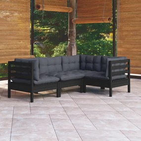 4 pcs conjunto lounge de jardim c/ almofadões pinho preto