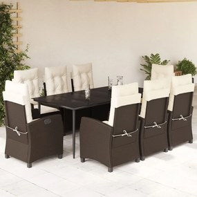 9 pcs conjunto jantar p/ jardim c/ almofadões vime PE castanho