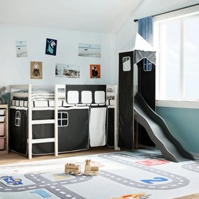 vidaXL Cama alta criança c/ torre 90x200 cm pinho maciço branco/preto