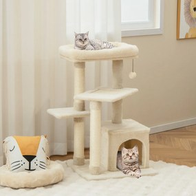 Arranhador para gatos de 4 níveis com postes para arranhar Plataforma superior em felpa 63 x 56,5 x 85 cm Bege