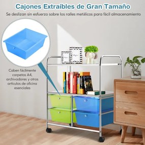 Carrinho Auxiliar com 4 Gavetas Empilháveis ​​e 2 Prateleiras Organizador com 4 Roda para Cozinha Casa de Banho Escritório 58,5 x 37 x 75 cm Azul e Ve