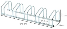 HOMCOM Estacionamento para 5 Bicicletas Suporte de Aço para Estacionar Bicicletas no Chão para Interior e Exterior 145x33x27cm Prata