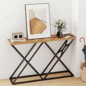 Mesa consola 140 x 29,5 x 90 cm em estilo rústico e industrial, com base metálica geométrica e tampo de madeira natural Natural e preta