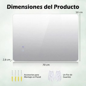 Espelho retangular de 70 x 50 cm com brilho ajustável, retroiluminado, tátil, inteligente, função de memória e design antiembaciamento Prateado