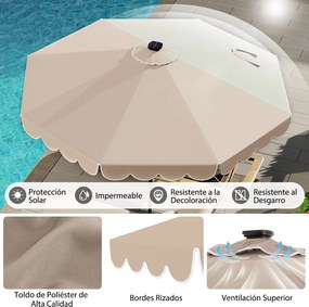 Guarda-sol de pátio de 300 cm com 24 luzes LED, parte superior ventilada, folhos e ajuste de inclinação, café