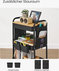 Carrinho de cozinha com 3 prateleiras com grelha metálica 30,6 x 44,3 x 74,2 cm Preto