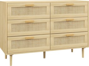 HOMCOM Cómoda para Quarto com 6 Gavetas e Frontal de Vime Pés de Madeira Estilo Bohemio 110x40x75 cm Madeira | Aosom Portugal