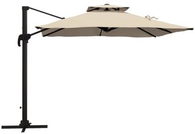 Outsunny Chapéu de Sol de Alumínio Chapéu de Sol Excêntrico com Manivela Teto Duplo Inclinável Mastro Giratório 360° Ø295x270 cm Cáqui