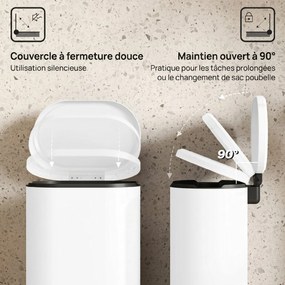 Caixote do lixo de cozinha de 30 L, com pedal, balde interior removível, tampa com fecho suave, 36,5 x 31 x 61 cm, branco
