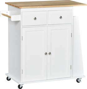 Carrinho de cozinha com ilha, bancada, prateleira para garrafas, suporte para panos de cozinha, 2 gavetas e armário de 2 portas em MDF branco
