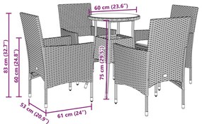 5pcs conjunto jantar jardim c/almofadões vime PE/vidro castanho