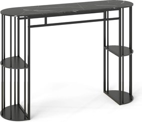 Mesa alta de bar retangular com estantes de arrumação (BANCOS NÃO INCLUIDOS), Estrutura metálica e tampo em imitação mármore; consola estreita para sa