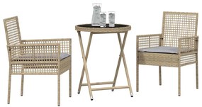 Conjunto de Bistro de Jardim com 3 Peças e Almofadas Bege em Rattan Si