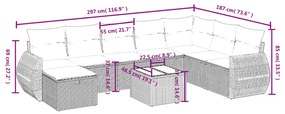 9 pcs conjunto sofás p/ jardim com almofadões vime PE cinzento