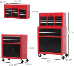 Carrinho de Ferramentas com Baú Superior 6 Gavetas Armário Fechadura e 4 Ganchos para Garagem 61,6x33x108 cm Vermelho
