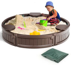 Caixa de areia infantil redonda 120 cm para 4 crianças Kit caixa de areia ao ar livre com assentos à prova d'água para pátio praia Castanho
