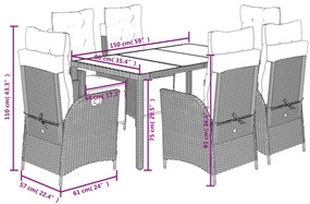 7 pcs conjunto de jantar p/ jardim c/ almofadões vime PE cinza