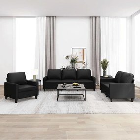 vidaXL 3 pcs conjunto de sofás com almofadões couro artificial preto