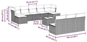 11 pcs conjunto sofás de jardim c/ almofadões vime PE cinzento