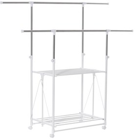 Cabideiro Dobrável para Roupa com Rodas Barras para Pendurar Extensíveis Altura Ajustável e 2 Prateleiras 88-157x50x95-160cm HOMCOM | Aosom Portugal