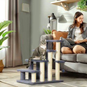Arranhador para Gatos de 4 Níveis Escada para Animais de Estimação Revestida com Franela Suave Poste de Sisal Bola Suspensa 60x40x64 cm Cinzento