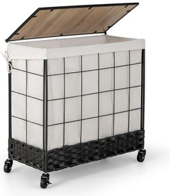 Cesto para roupa suja 130 L  Com Separador em metal com rodas Tampa com fecho Tampa de madeira Saco com forro amovível Dividido Preto