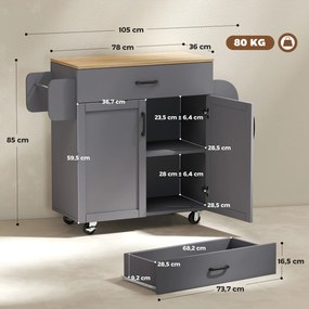 Carrinho Ilha de Cozinha com 1 Gaveta Suporte para Panos e Especies Carrinho Auxiliar com Rodas 105x36x85 cm Cinza