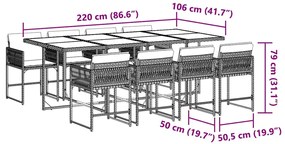 9 pcs conjunto de jantar p/ jardim com almofadões vime PE bege