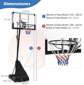 Cesto de basquetebol portátil Sistema ajustável em altura de 1,5 m a 3,05 m com tabela inquebrável de 112 cm com rodas preto