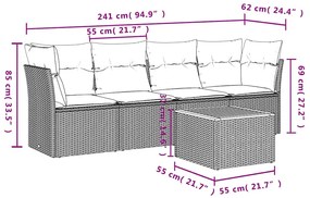 5 pcs conjunto sofás p/ jardim c/ almofadões vime PE cinzento