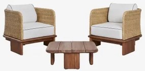 Conjunto De Jardim Com 2 Poltronas E Mesa De Centro Quadrada 70x70 Cm Em Rattan E Madeira De Acácia Famara Castanho-acácia Escuro - Sklum
