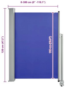 Toldo lateral retrátil para pátio 120x300 cm azul