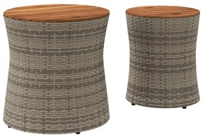 Mesas de apoio p/ jardim c/ tampo de madeira 2pcs vime PE cinza