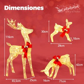 Conjunto familia de renas de 3 peças Decoração de Natal pré-iluminada com 230 luzes LED