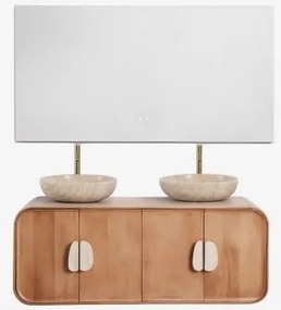 Conjunto De Móvel De Casa De Banho Dupla Suspensa 130x45 Cm Em Madeira De Manga E Pedra Natural Kivalina Retangular Led E Anti-embaciamento 140x75 Cm