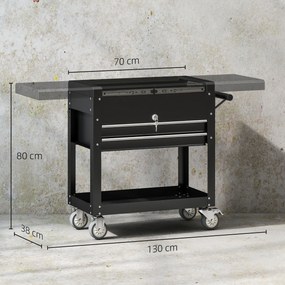 Carrinho de Ferramentas com Rodas Carrinho de Oficina Móvel com Tampa Deslizante 2 Gavetas com Fecho Bandeja 77,5–130x38x80 cm Preto