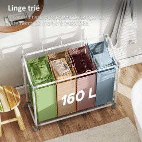 Cesto de roupa suja com rodas 4 x 40 L, 97 x 38 x 81 cm, carrinho para roupa suja, cesto com rodas com 4 sacos removíveis, cinzento
