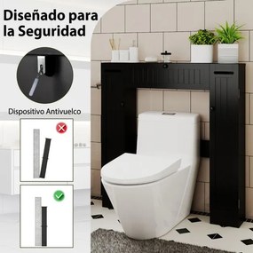 Estante sobre sanita 89 x 19,5 x 99 cm de casa de banho com prateleiras ajustáveis com suporte para papel higiênico Porta basculante Preto