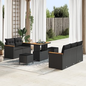 Conjunto de Sofás de Jardim de 8 Peças com Almofadas Preto Rattan Poliéster Acácia