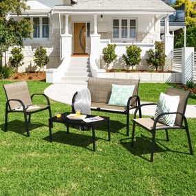 Conjunto jardim de mesa de centro, cadeirão e banco para mobiliário Mesa de jardim em ferro e rede Mesa de centro para terraço exterior Castanho