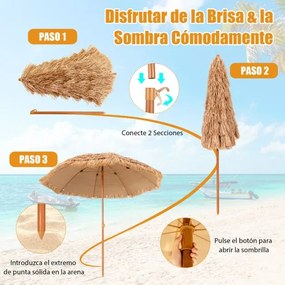 Guarda-sol de imitação palha havaiano Tiki 205 cm com 8 costelas metálicas de topo 7 níveis Portátil para Praia jardim Piscina Natural