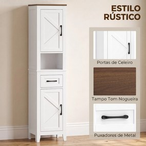 Armário Alto e Estreito Rústico para Casa de Banho com Gaveta Prateleira Aberta Portas e Prateleiras Ajustáveis 34,5x30x148 cm Branco