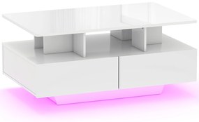 Mesa de Centro Moderna com LED 4 Gavetas Prateleira Aberta e Luzes LED de 16 Cores 90x55x41 cm Branco Brilhante
