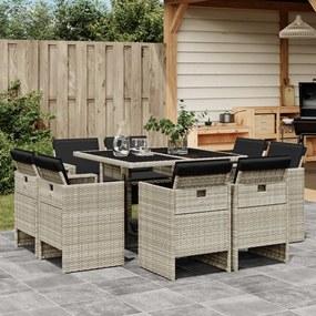 vidaXL 9 pcs conjunto de jantar p/ jardim c/ almofadões cinzento claro