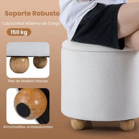Banco redondo com arrumação 35 L oculta estofado em chenille, tampo removível e pernas de madeira para sala ou quarto branco