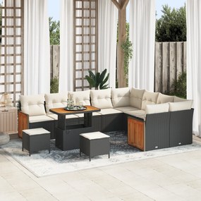 Conjunto de Sofá de Jardim vidaXL de 12 Peças com Almofadas Preto Rattan Polipropileno Acácia