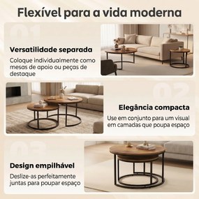 Conjunto de 2 Mesas de Centro Redondas Ninho Industriais com Estrutura Metálica para Sala ou Quarto Castanho