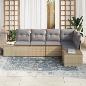 Conjunto de Sofá de Jardim de 5 Peças com Almofadas Beige em Poly Ratt